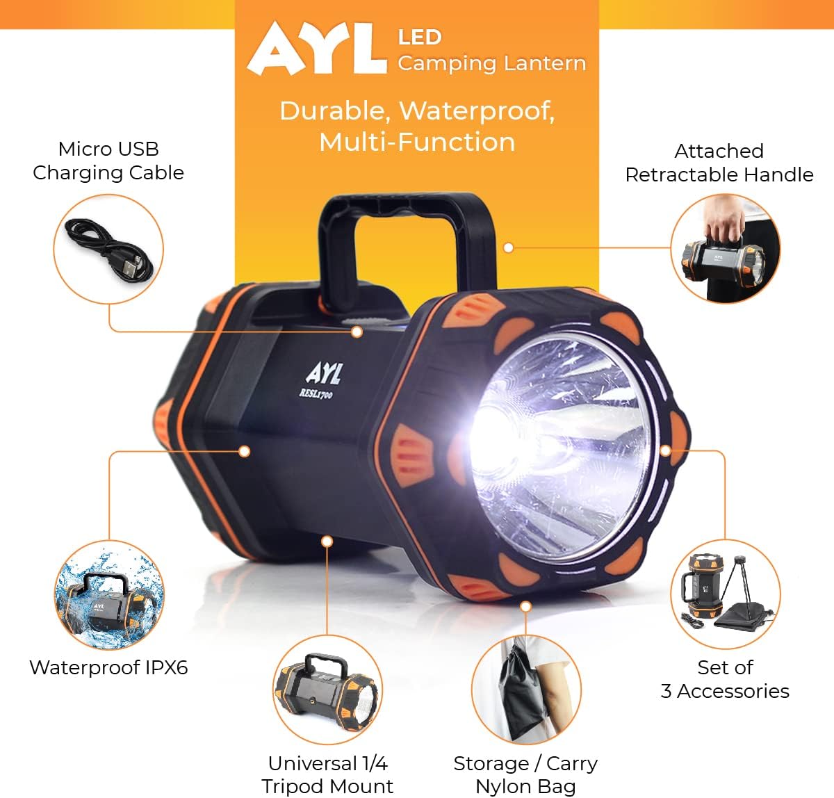 AYL LED Camping Lantern Rechargeable, Camping Flashlight 8 Light Modes, 4800mAh Power Bank, Waterproof, Lantern Flashlight for Emergency, Hurricane, Power Outages, USB Cable with Tripod Included