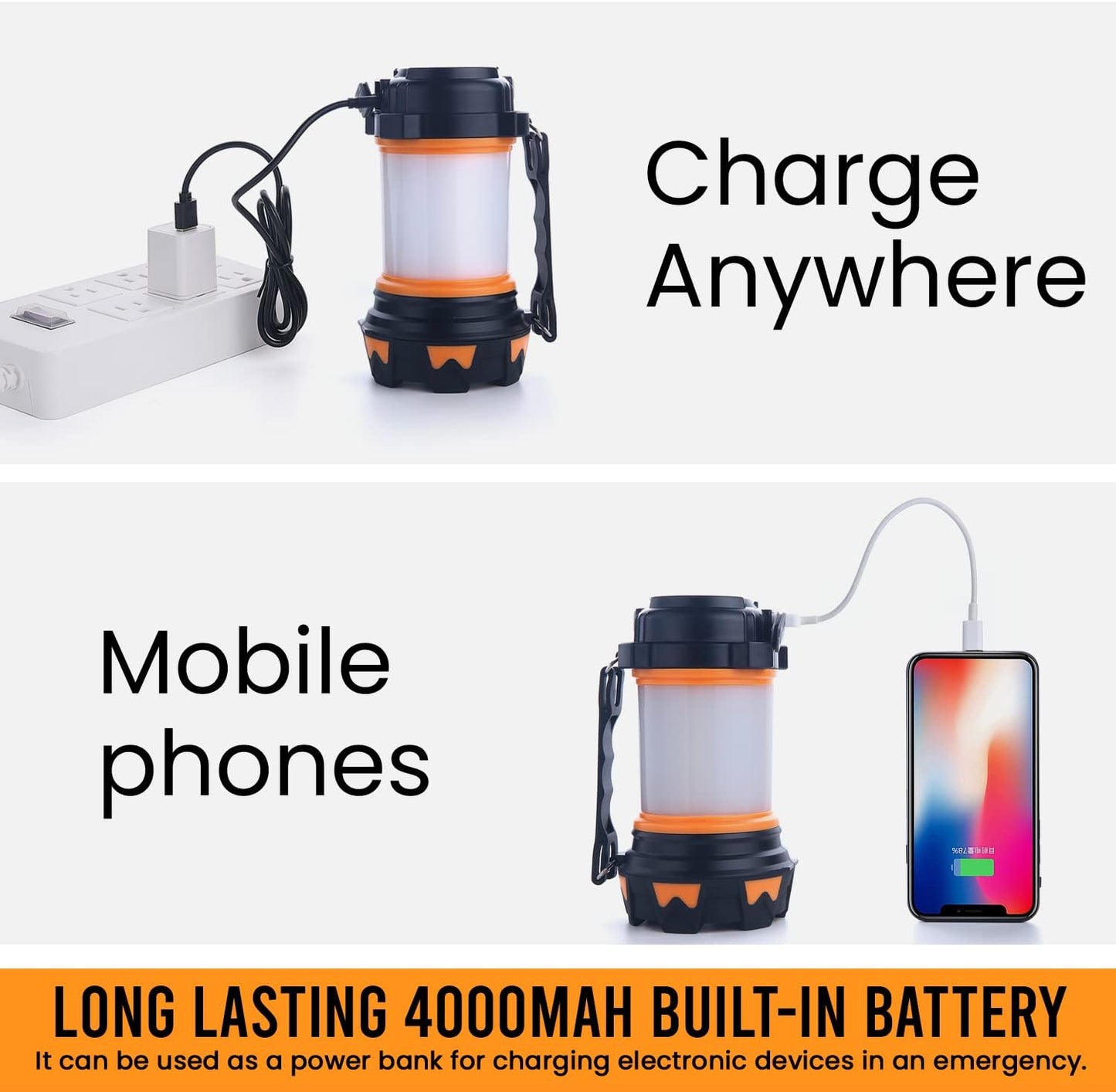 AYL LED Camping Lantern Rechargeable, Camping Flashlight 8 Light Modes, 4800mAh Power Bank, Waterproof, Lantern Flashlight for Emergency, Hurricane, Power Outages, USB Cable with Tripod Included