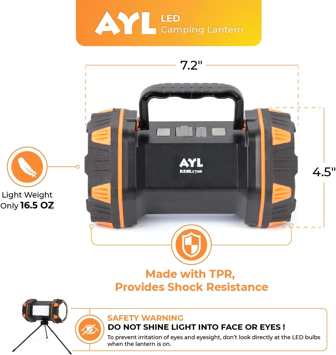 AYL LED Camping Lantern Rechargeable, Camping Flashlight 8 Light Modes, 4800mAh Power Bank, Waterproof, Lantern Flashlight for Emergency, Hurricane, Power Outages, USB Cable with Tripod Included