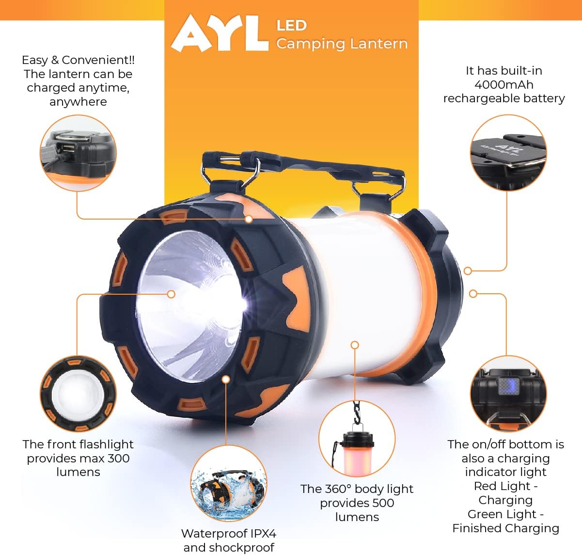 AYL LED Camping Lantern Rechargeable, Camping Flashlight 8 Light Modes, 4800mAh Power Bank, Waterproof, Lantern Flashlight for Emergency, Hurricane, Power Outages, USB Cable with Tripod Included