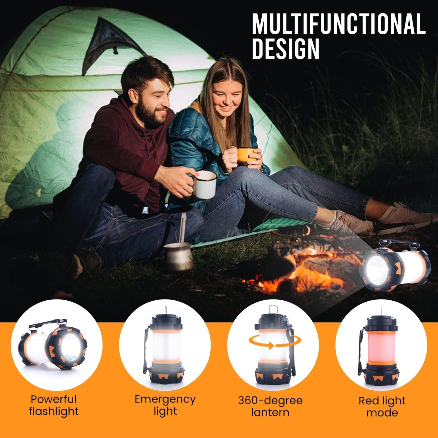 AYL LED Camping Lantern Rechargeable, Camping Flashlight 8 Light Modes, 4800mAh Power Bank, Waterproof, Lantern Flashlight for Emergency, Hurricane, Power Outages, USB Cable with Tripod Included