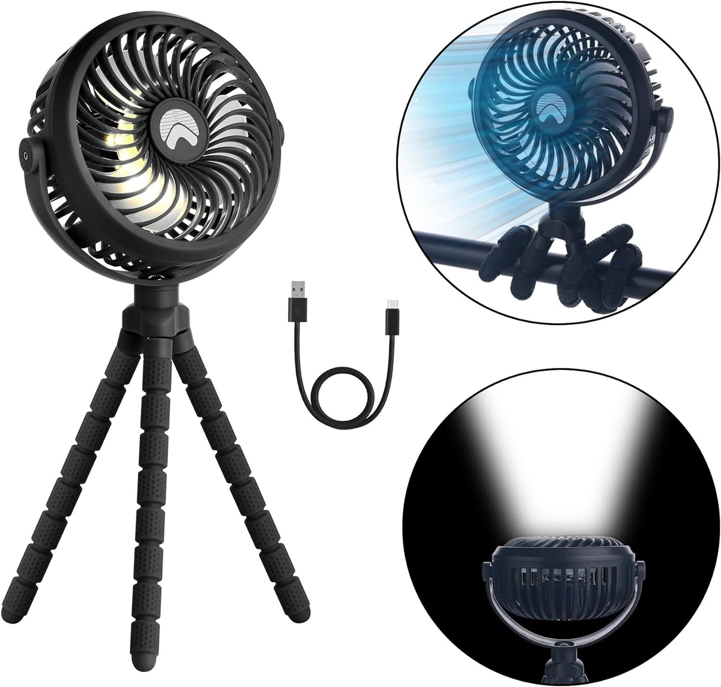 AYL Portable Fan Rechargeable Battery Operated, Small Stroller Fan with Lights, Clip On Fan, Handheld Cooling Mini Fan for Travel, Car Seat, Camping, Bedroom (Black)