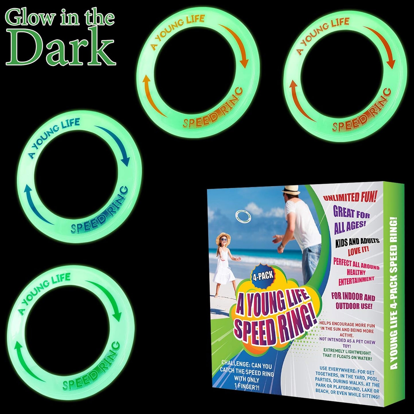[4 Pack] Kid's Flying Rings Flying Disc - Glow in The Dark - Fly Straight - Weight 1.15 OZ Only - Floats On The Water - Best Healthy Activities for Your Family - Party Outside and Play! - Made in USA