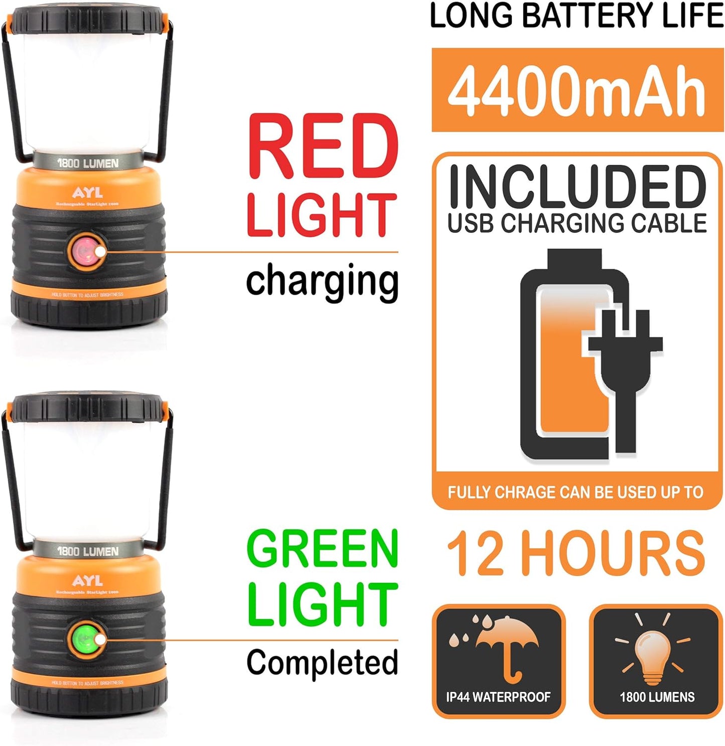 LED Camping Lantern Rechargeable, 1800LM, 4 Light Modes, 4400mAh Power Bank, IP44 Waterproof, Perfect Lantern Flashlight for Hurricane, Emergency, Power Outages, Home and More, USB Cable Included