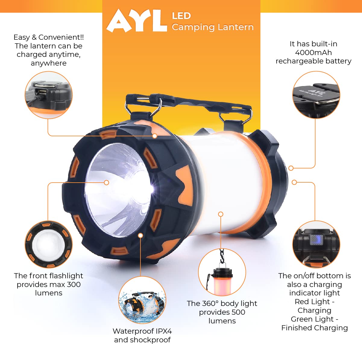 AYL LED Camping Lantern Rechargeable for Hurricane Emergency Survival, Power Outages, Hiking, Home, Tent Light