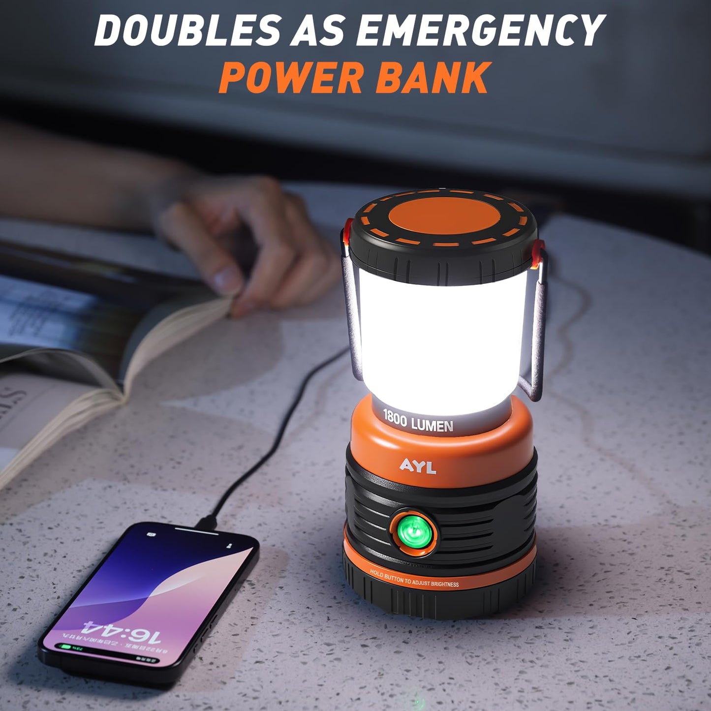 AYL LED Camping Lantern Rechargeable, 1800LM, 4 Light Modes, 4400mAh Power Bank, IP44 Waterproof, Perfect Lantern Flashlight for Hurricane, Emergency, Power Outages, Home and More, USB Cable Included