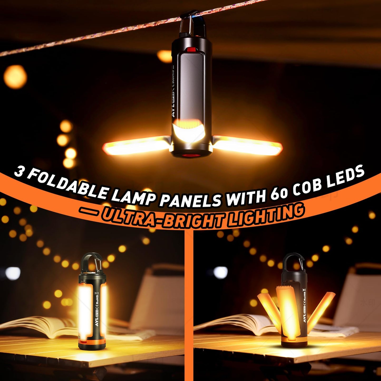 Portable LED Rechargeable Camping Lantern, AYL Lightweight USB Rechargeable Lamp LED Flashlight Survival Gear for Home Emergency Light Outdoor Lanterns for Power Outages Hurricane Lamp 3-Pack