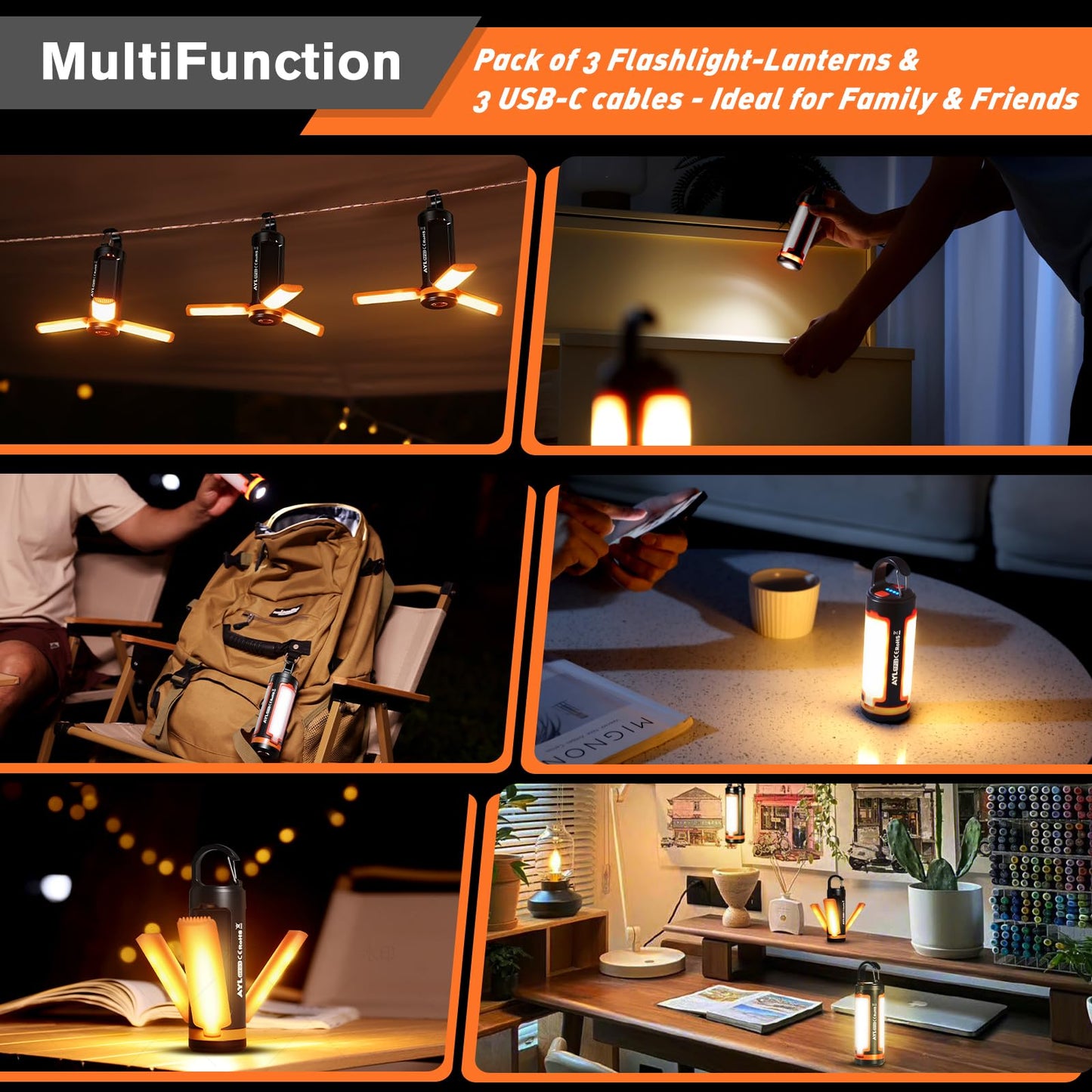 Portable LED Rechargeable Camping Lantern, AYL Lightweight USB Rechargeable Lamp LED Flashlight Survival Gear for Home Emergency Light Outdoor Lanterns for Power Outages Hurricane Lamp 3-Pack