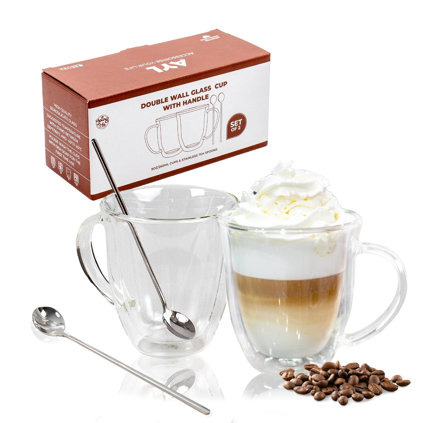 AYL Double Wall Coffee Mugs with Handle - Insulated Glass Cups for Tea, Coffee, Cappuccino, Espresso & Latte - Elegant & Clear Beverage Glasses