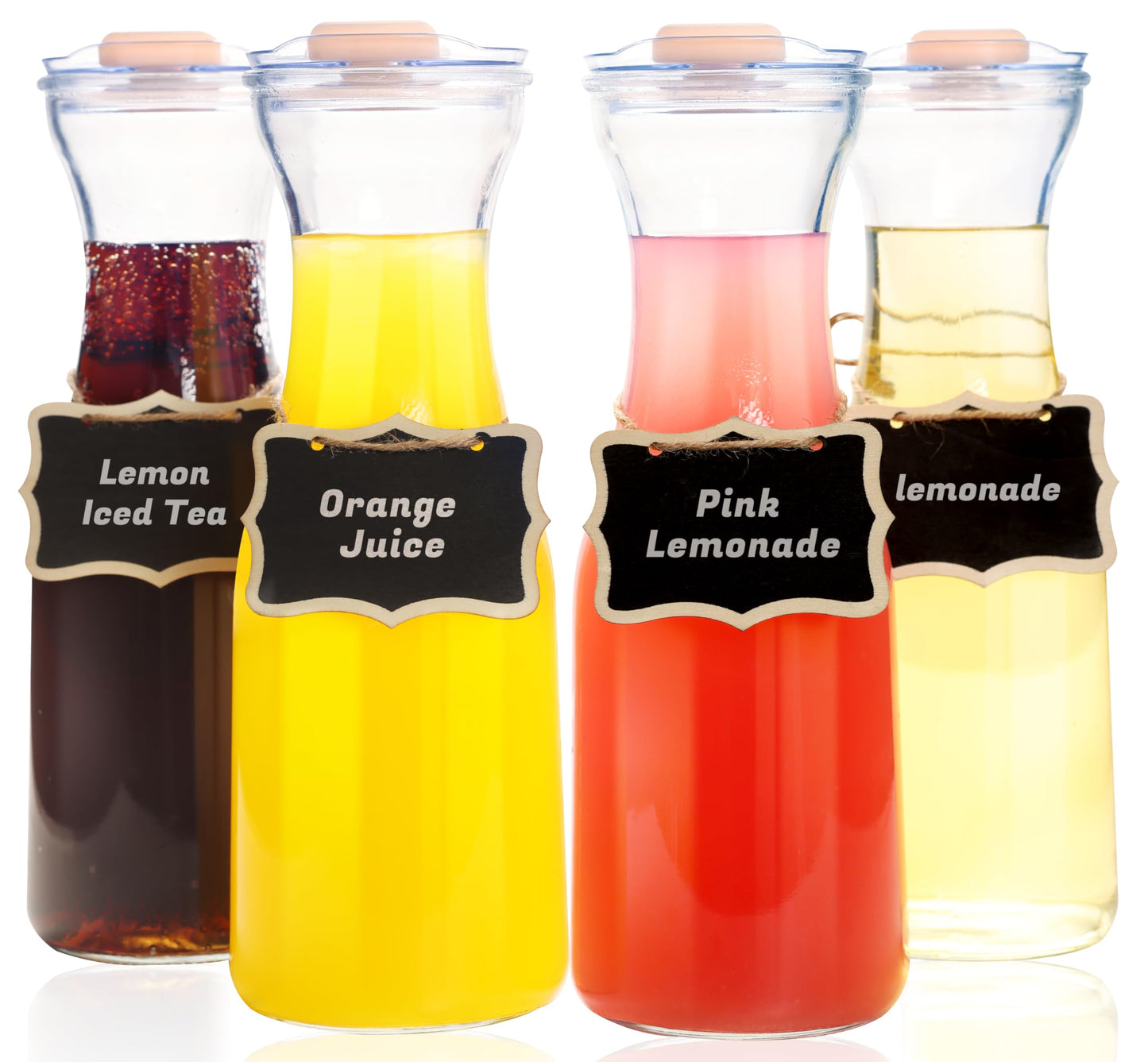 AYL Set of 4 Glass Carafes with Lids (1 Liter) – Clear Glass Water Pitchers and Beverage Serveware for Mimosa Bars, Brunch, Parties, Wine, Juice, Milk, Iced Tea, and Lemonade with Easy-Pour Spout Lids