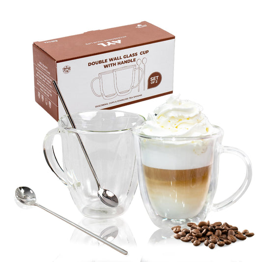 AYL Double Wall Glass Coffee Mugs - 13 oz Insulated Clear Latte Mugs Set of 2, Perfect for Espresso, Cappuccino, Latte, Tea - Elegant Glass Coffee Cups