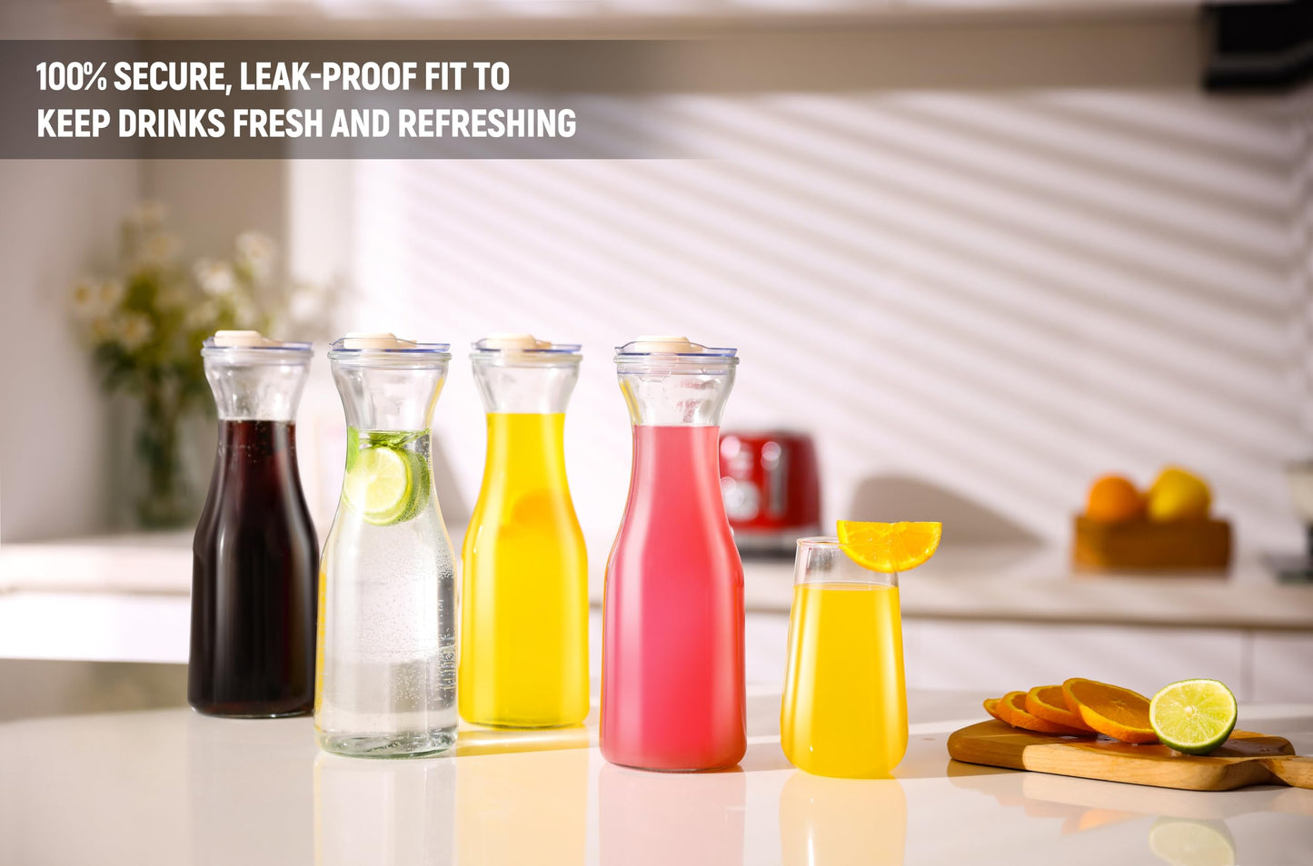 AYL Set of 4 Glass Carafes with Lids (1 Liter) – Clear Glass Water Pitchers and Beverage Serveware for Mimosa Bars, Brunch, Parties, Wine, Juice, Milk, Iced Tea, and Lemonade with Easy-Pour Spout Lids