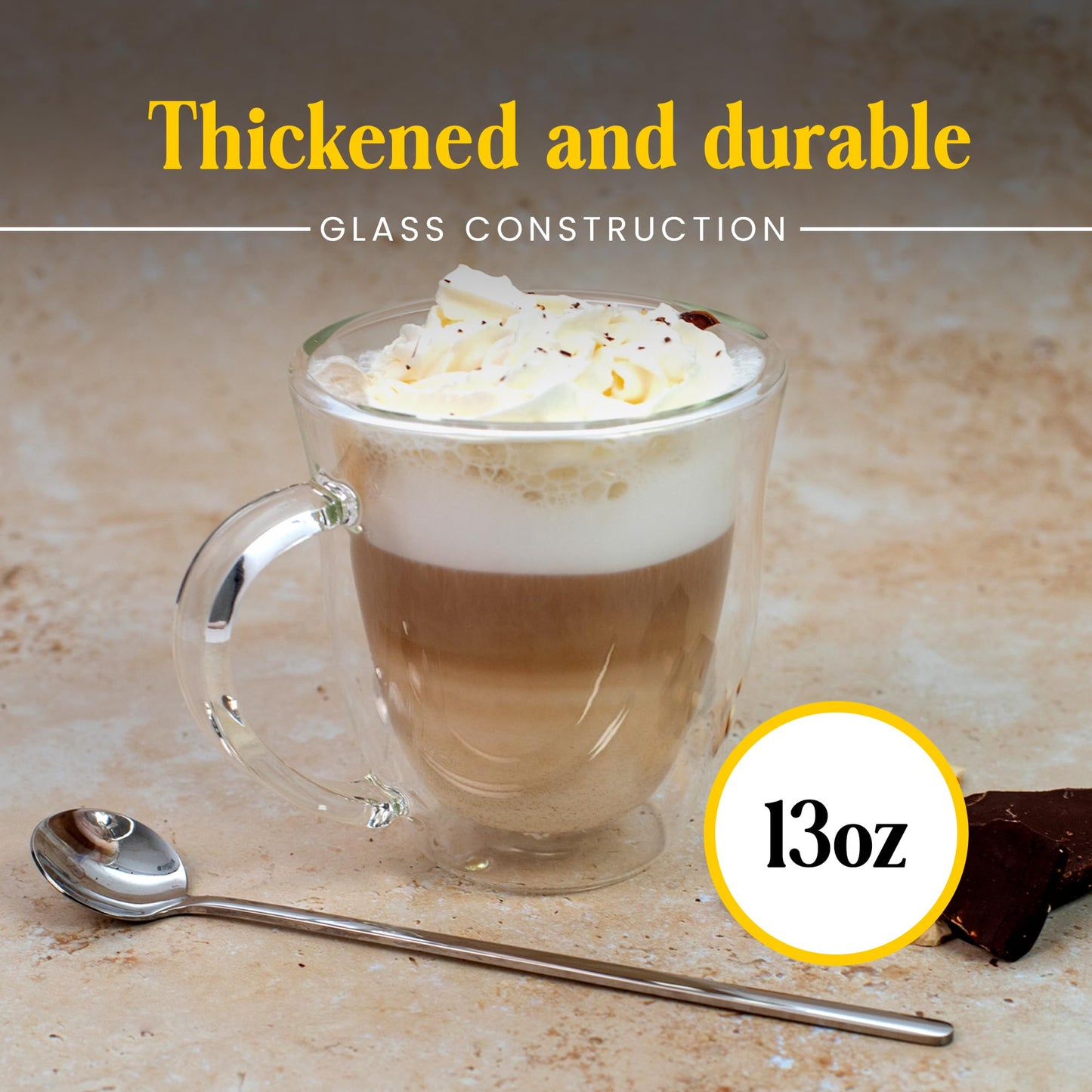 AYL Double Wall Glass Coffee Mugs - 13 oz Insulated Clear Latte Mugs Set of 2, Perfect for Espresso, Cappuccino, Latte, Tea - Elegant Glass Coffee Cups