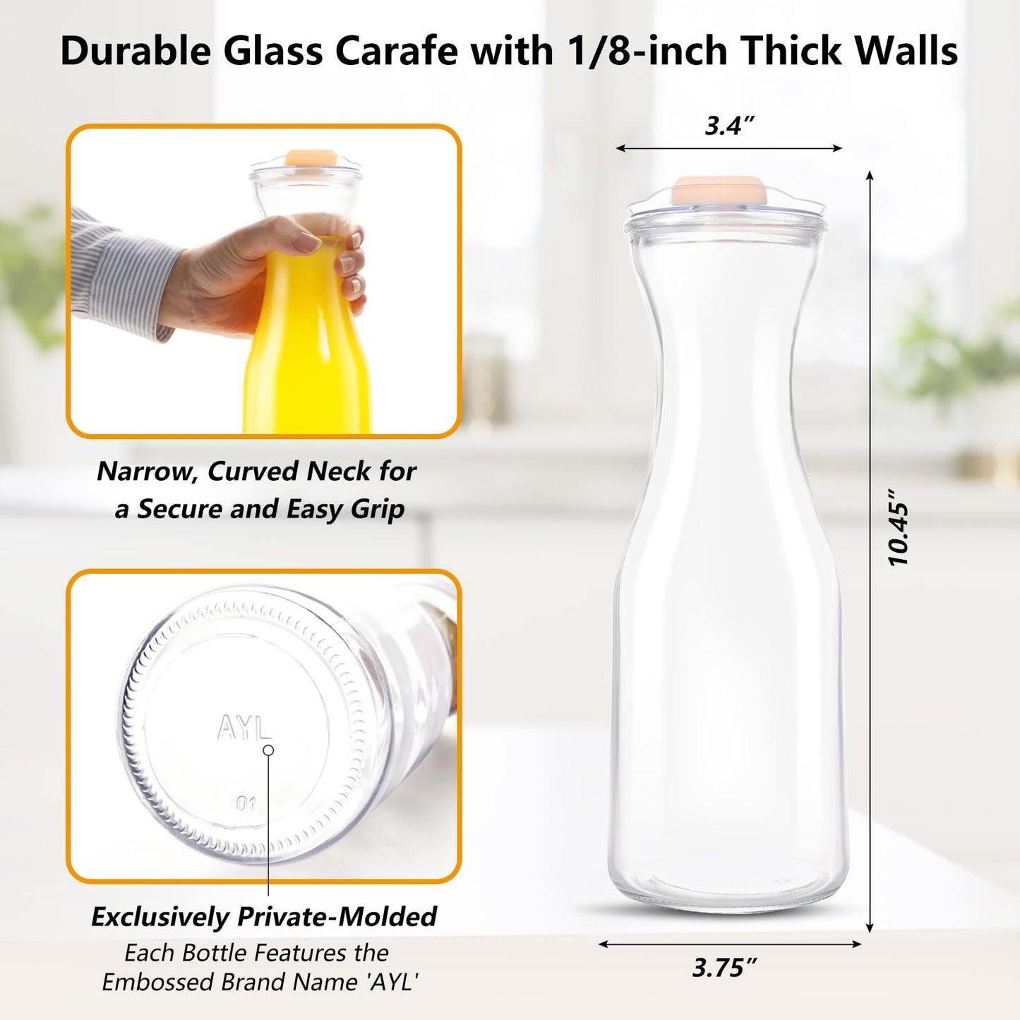 AYL Set of 4 Glass Carafes with Lids (1 Liter) – Clear Glass Water Pitchers and Beverage Serveware for Mimosa Bars, Brunch, Parties, Wine, Juice, Milk, Iced Tea, and Lemonade with Easy-Pour Spout Lids