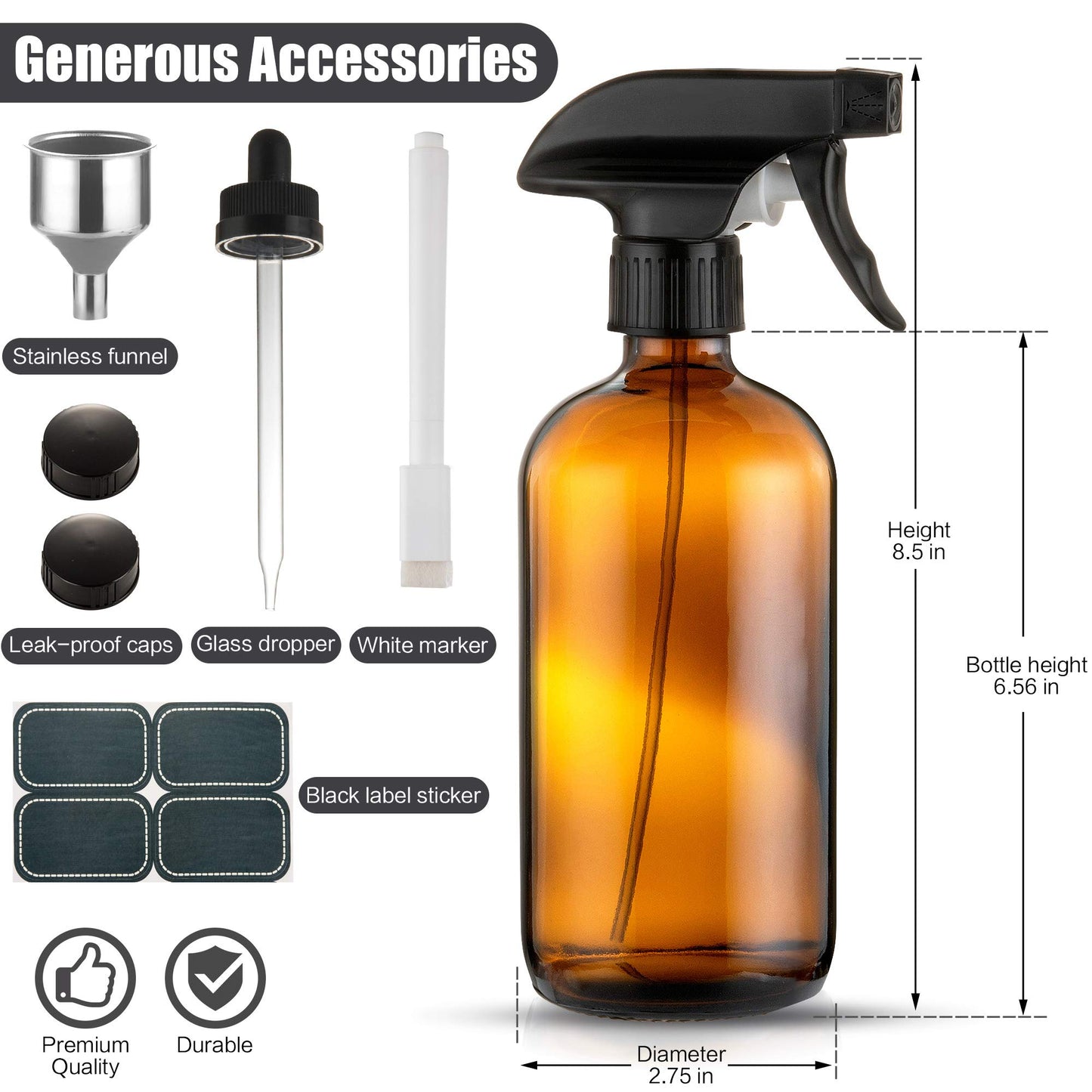 AYL Amber Glass Spray Bottles - (4 Pack) 16 oz with Labels Refillable Container for Essential Oils, Cleaning Solutions, Cleaning Products, Hair, Plant Mister, Daily Shower, Gardening or Aromatherapy