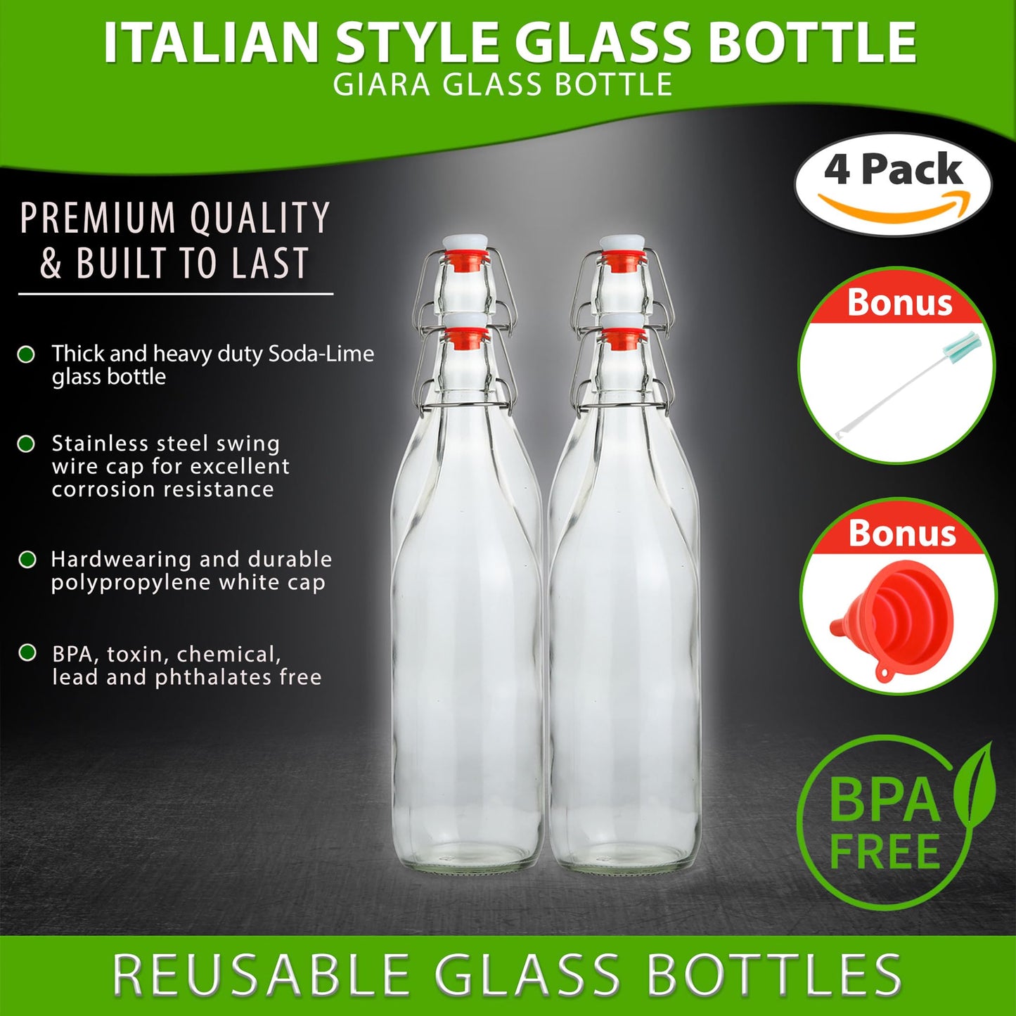 Flip Top Glass Bottle – Swing Top Brewing Bottle with Stopper for Beverages, Oil, Vinegar, Kombucha, Beer, Water, Soda, Kefir – Airtight Lid & Leak Proof Cap – Clear