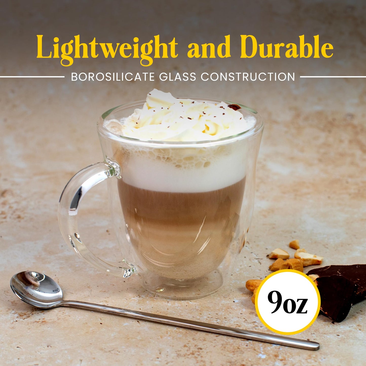 AYL Double Wall Coffee Mugs with Handle - Insulated Glass Cups for Tea, Coffee, Cappuccino, Espresso & Latte - Elegant & Clear Beverage Glasses