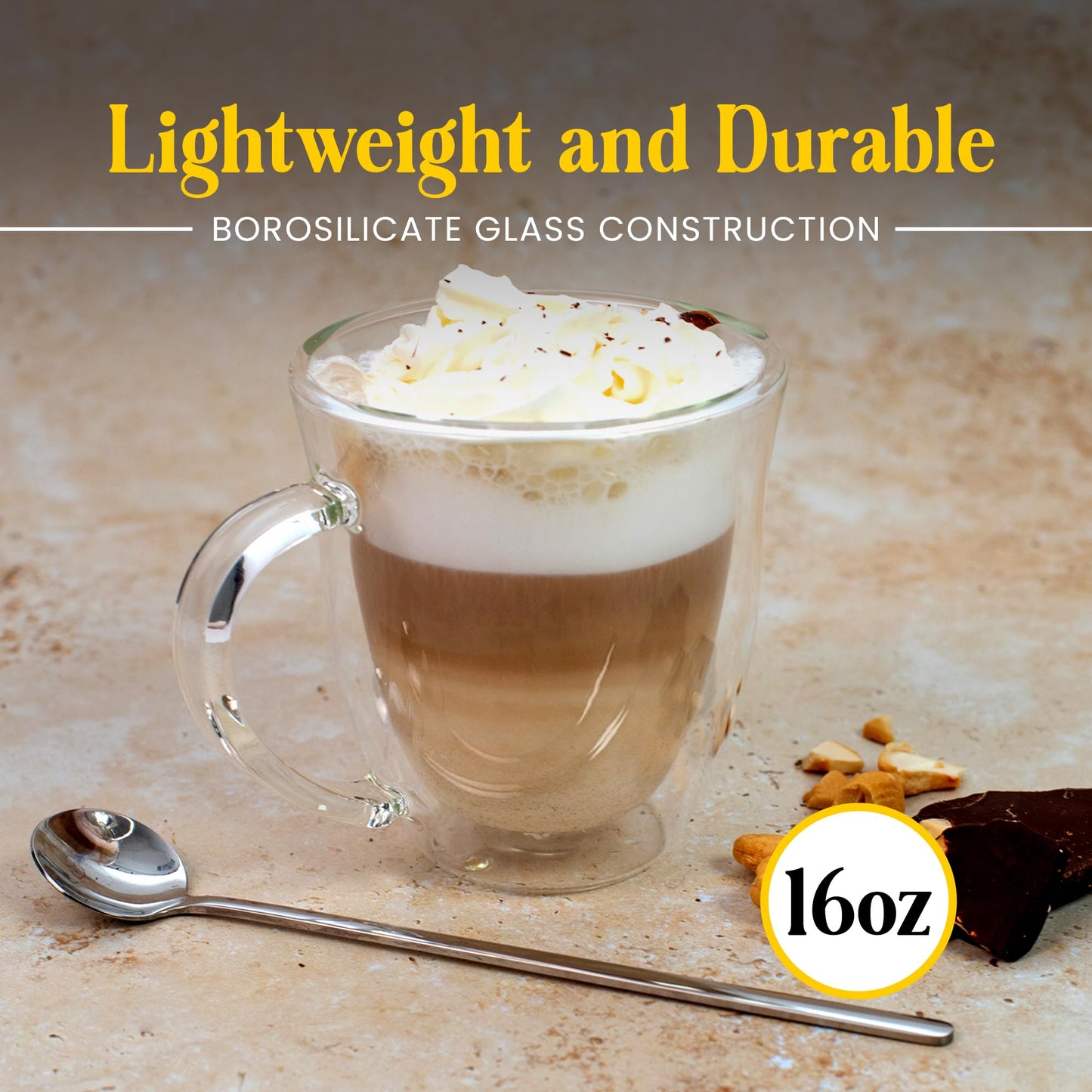AYL Double Wall Glass Coffee Mugs - 13 oz Insulated Clear Latte Mugs Set of 2, Perfect for Espresso, Cappuccino, Latte, Tea - Elegant Glass Coffee Cups