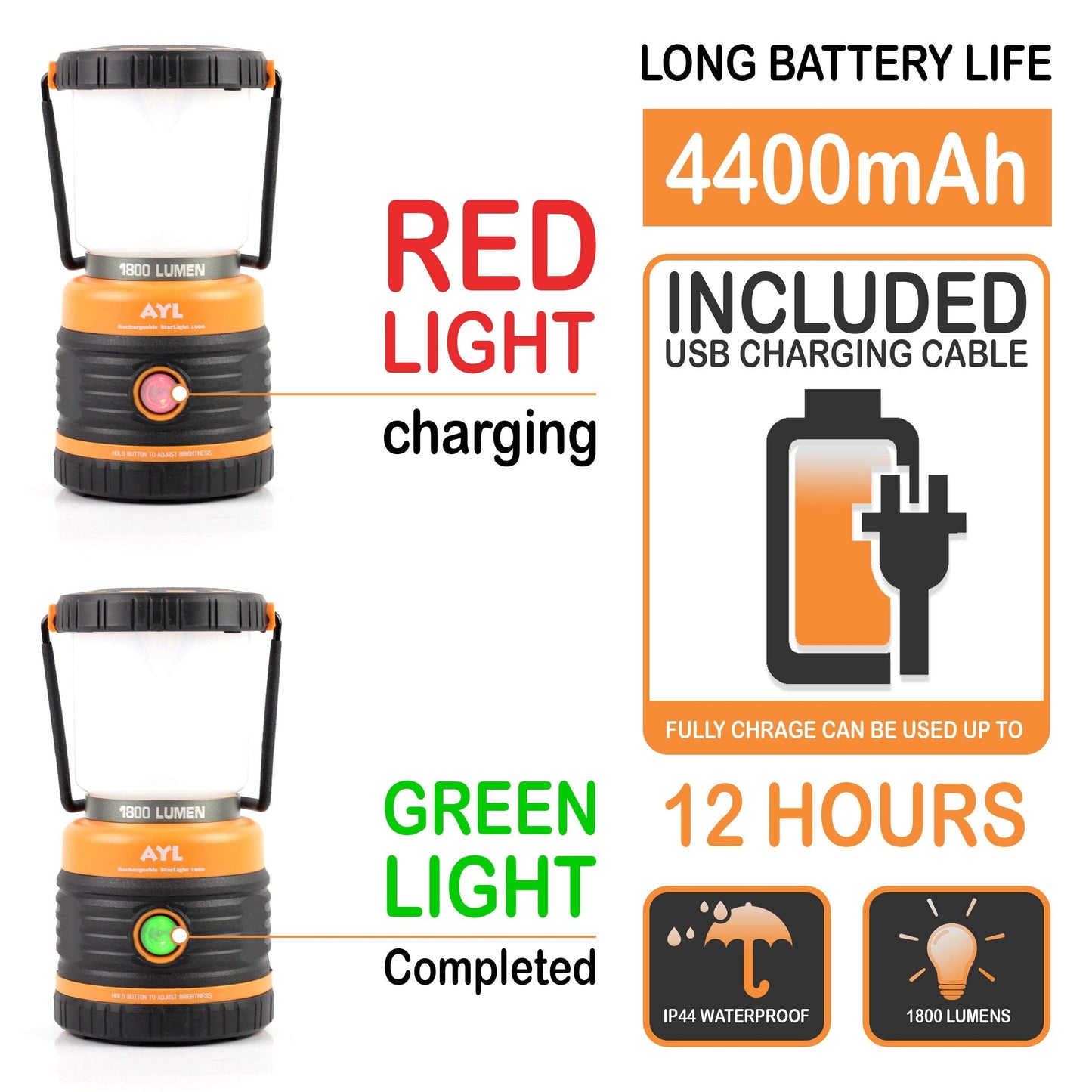AYL LED Camping Lantern Rechargeable, 1800LM, 4 Light Modes, 4400mAh Power Bank, IP44 Waterproof, Perfect Lantern Flashlight for Hurricane, Emergency, Power Outages, Home and More, USB Cable Included