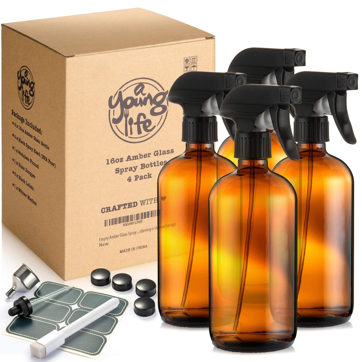 Empty Amber Glass Spray Bottles - 16 oz with Labels Refillable Container for Essential Oils, Cleaning Solutions, Cleaning Products, Hair, Plant Mister, Daily Shower, Gardening or Aromatherapy