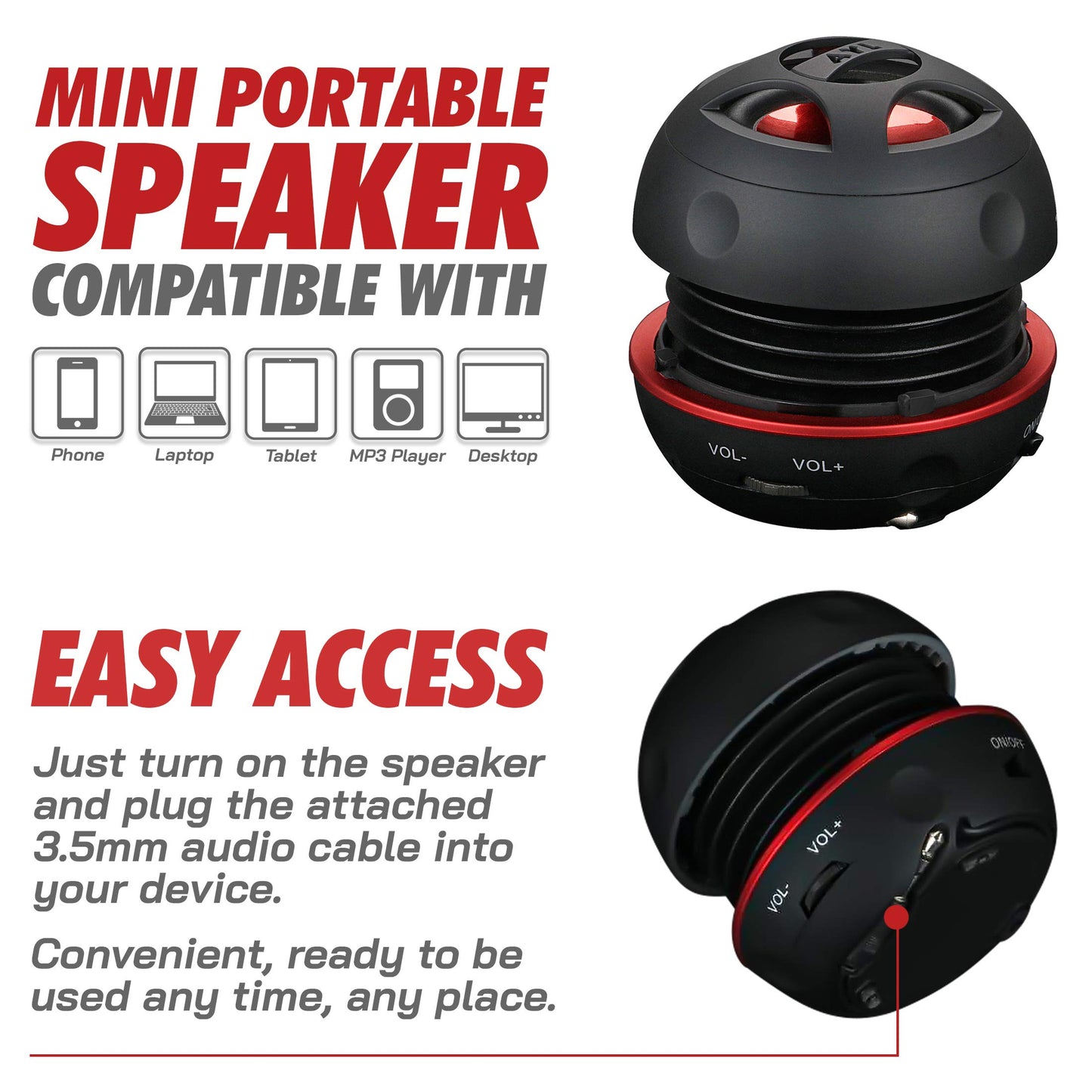 AYL Mini Speaker System, Portable Plug-in Speaker with 3.5mm Aux Input, External Audio for Laptop Computer, MP3 Player, iPhone, iPad, Cell Phone (Black)