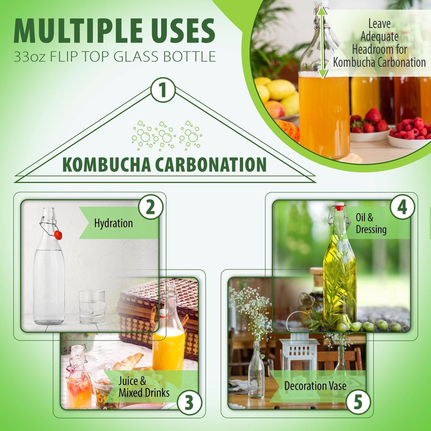 Flip Top Glass Bottle – Swing Top Brewing Bottle with Stopper for Beverages, Oil, Vinegar, Kombucha, Beer, Water, Soda, Kefir – Airtight Lid & Leak Proof Cap – Clear