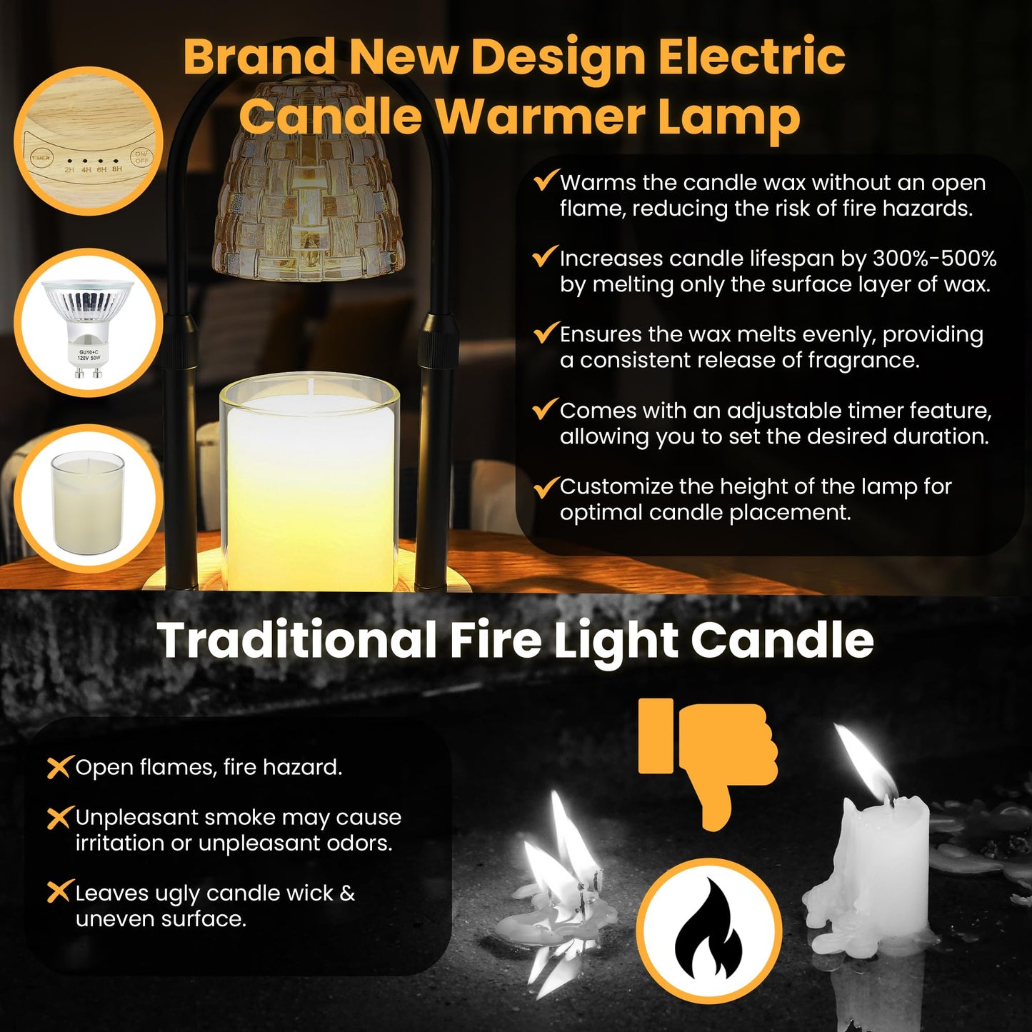 AYL Candle Warmer Lamp with Timer - Electric Wax Warmer for Wax Melts and Jar Candles - Adjustable Brightness & Height for House Warming Gifts - Premium Home and Bedroom Decor - Includes 2 Bulbs