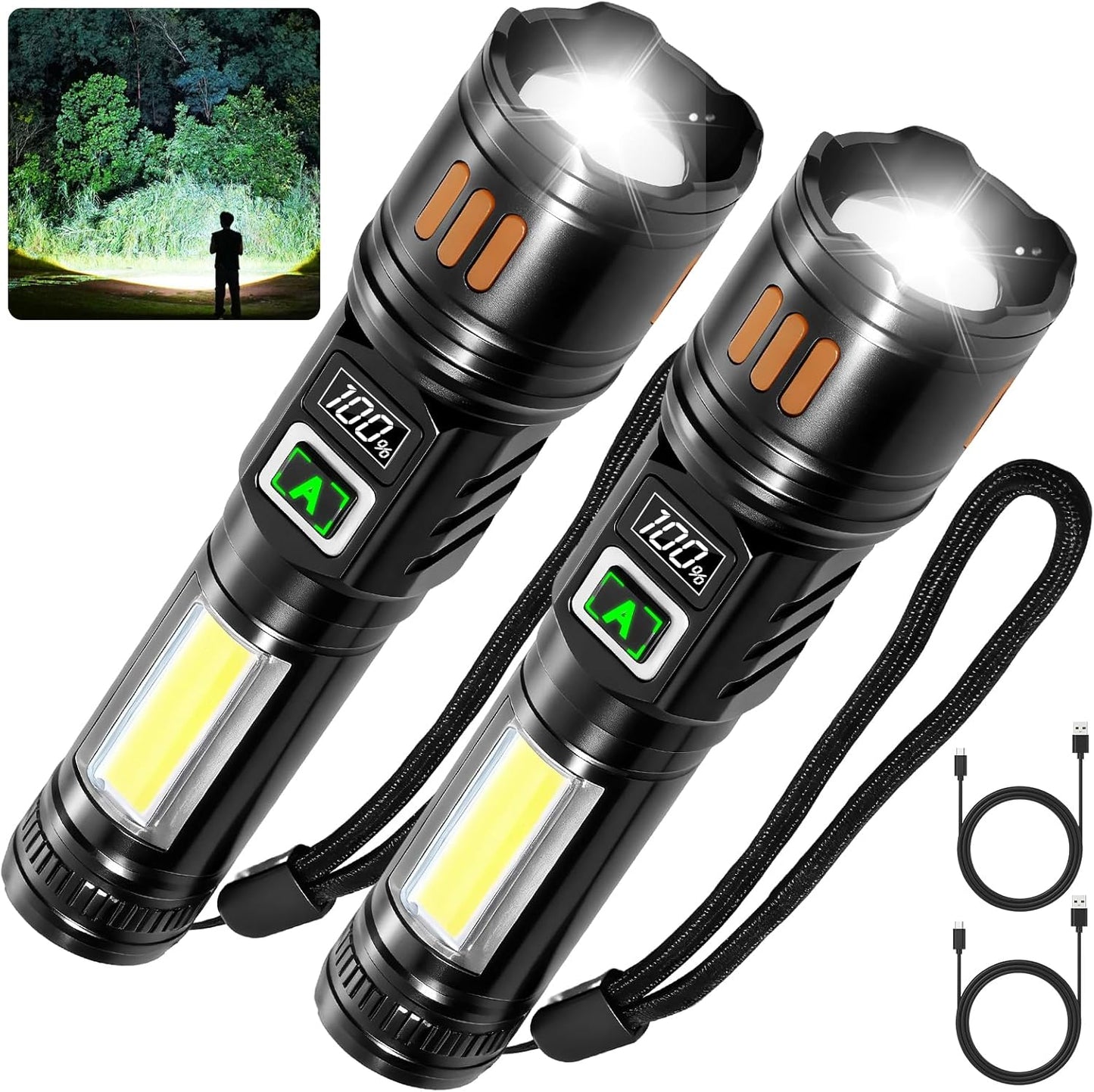 AYL Rechargeable Flashlights 2 Pack, Super Bright High Lumens Flash Light, 6 Modes Zoomable Linternas with LCD Display, High Powered Handheld LED Flashlights for Home, Emergencies, Camping