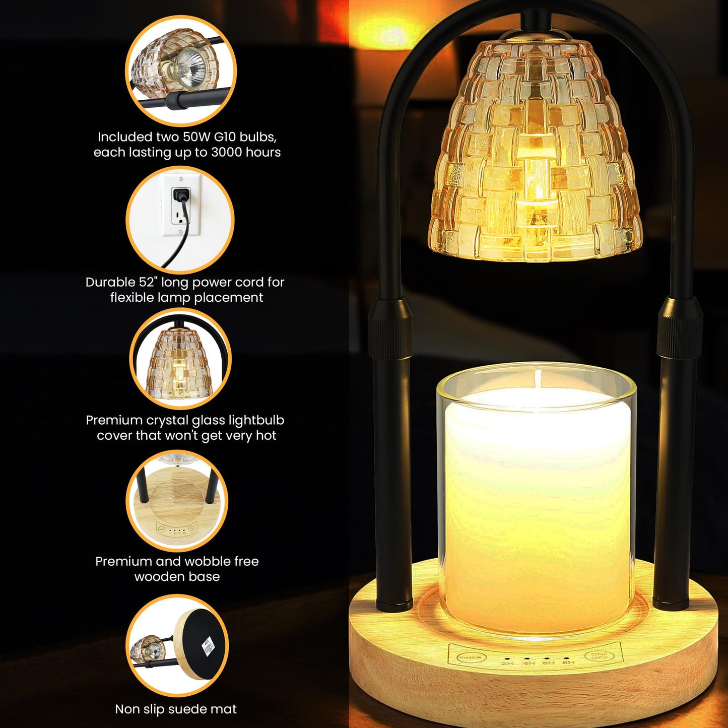 AYL Candle Warmer Lamp with Timer - Electric Wax Warmer for Wax Melts and Jar Candles - Adjustable Brightness & Height for House Warming Gifts - Premium Home and Bedroom Decor - Includes 2 Bulbs