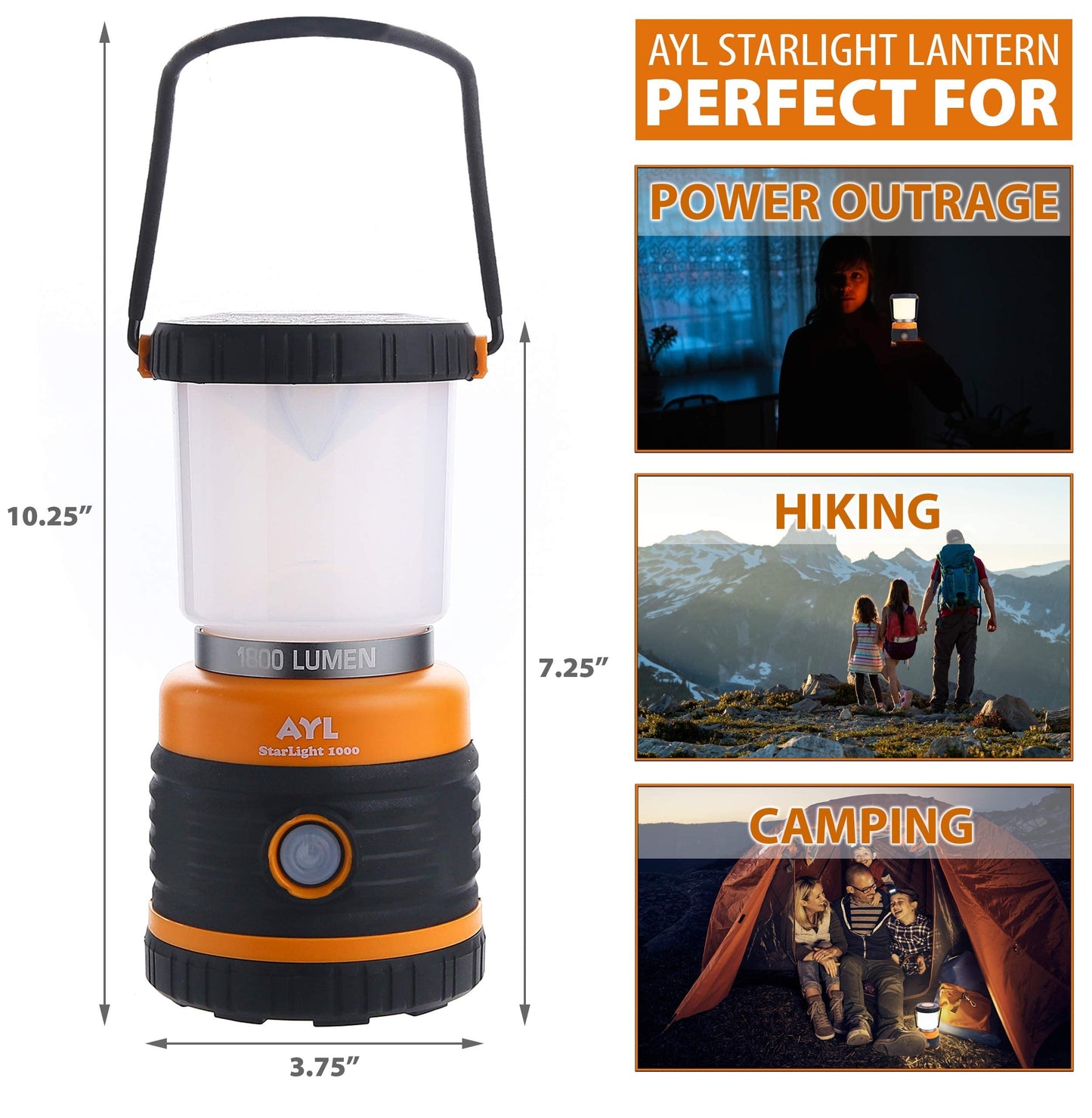 AYL LED Camping Lantern Rechargeable, 1800LM, 4 Light Modes, 4400mAh Power Bank, IP44 Waterproof, Perfect Lantern Flashlight for Hurricane, Emergency, Power Outages, Home and More, USB Cable Included
