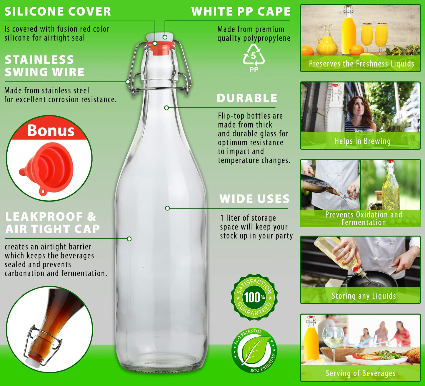 Flip Top Glass Bottle – Swing Top Brewing Bottle with Stopper for Beverages, Oil, Vinegar, Kombucha, Beer, Water, Soda, Kefir – Airtight Lid & Leak Proof Cap – Clear