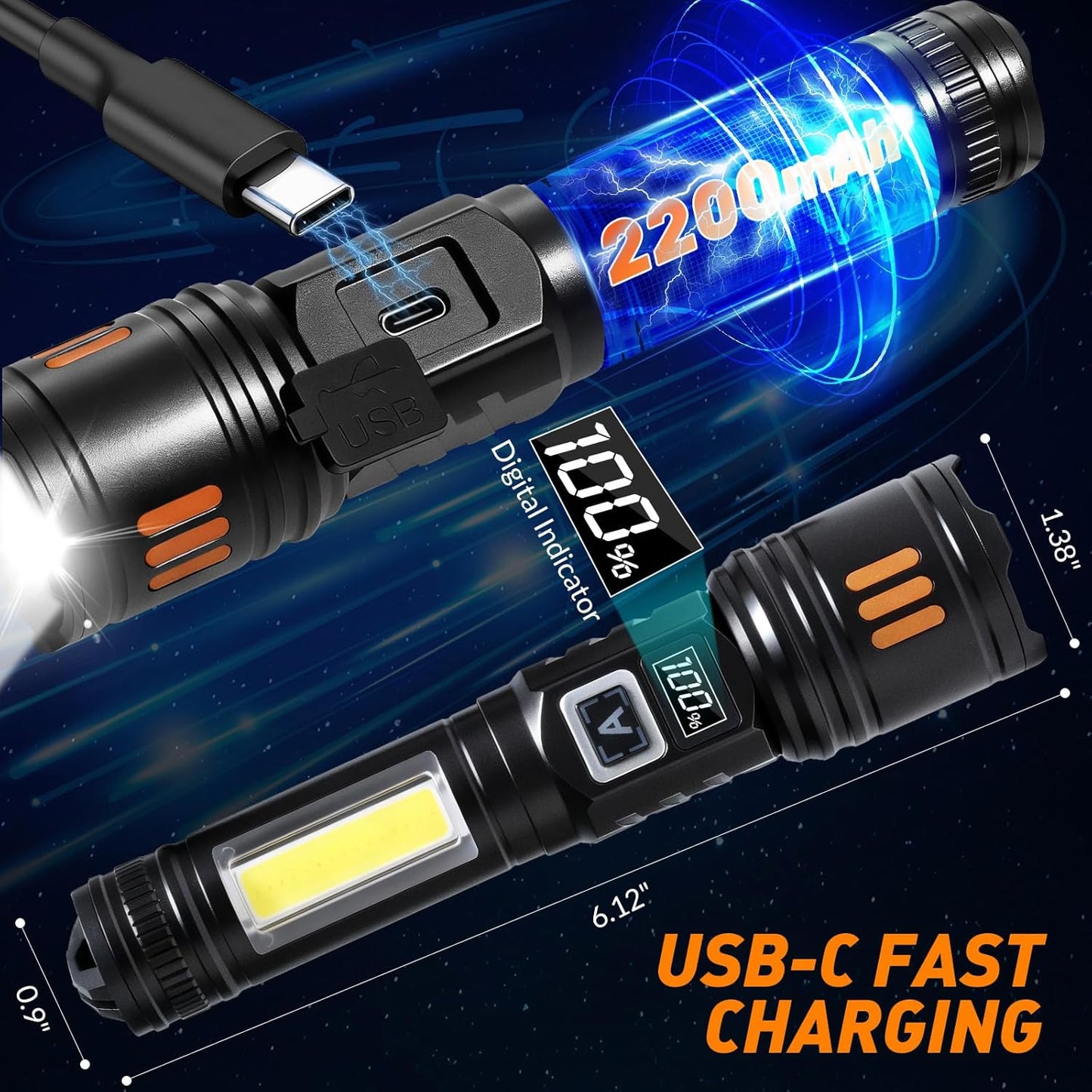 AYL Rechargeable Flashlights 2 Pack, Super Bright High Lumens Flash Light, 6 Modes Zoomable Linternas with LCD Display, High Powered Handheld LED Flashlights for Home, Emergencies, Camping