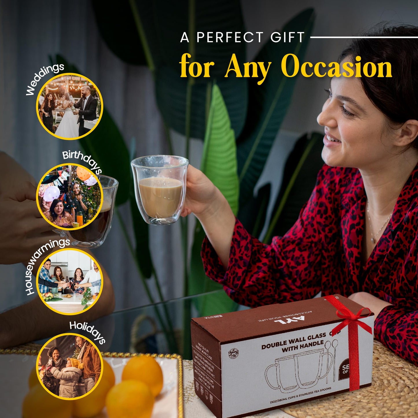 AYL Double Wall Glass Coffee Mugs - 13 oz Insulated Clear Latte Mugs Set of 2, Perfect for Espresso, Cappuccino, Latte, Tea - Elegant Glass Coffee Cups