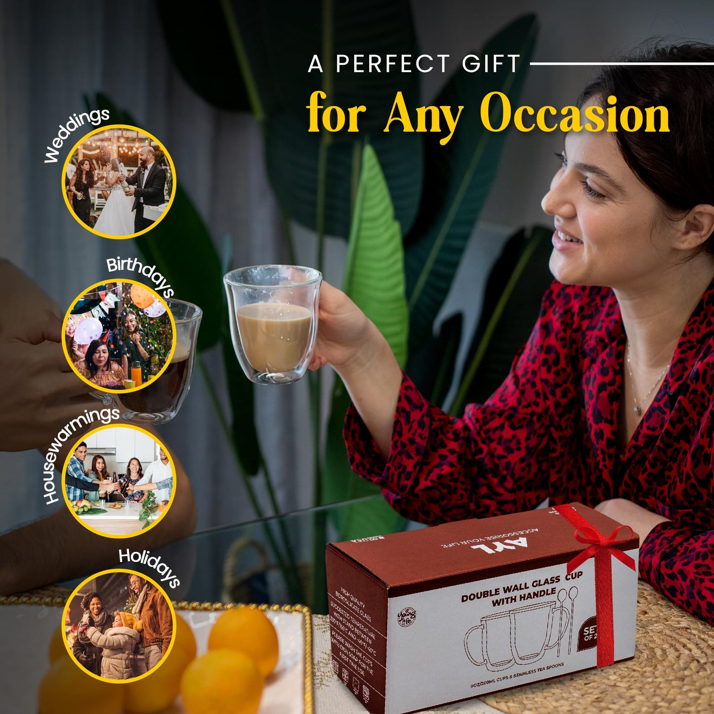 AYL Double Wall Glass Coffee Mugs - 13 oz Insulated Clear Latte Mugs Set of 2, Perfect for Espresso, Cappuccino, Latte, Tea - Elegant Glass Coffee Cups