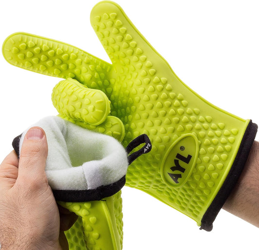 AYL Grilling Gloves, Heat Resistant Gloves BBQ Kitchen Silicone Oven Gloves, Safe Handling of Hot Food, Pots and Pans for Barbecue, Cooking, Baking - Internal Protective Cotton Layer