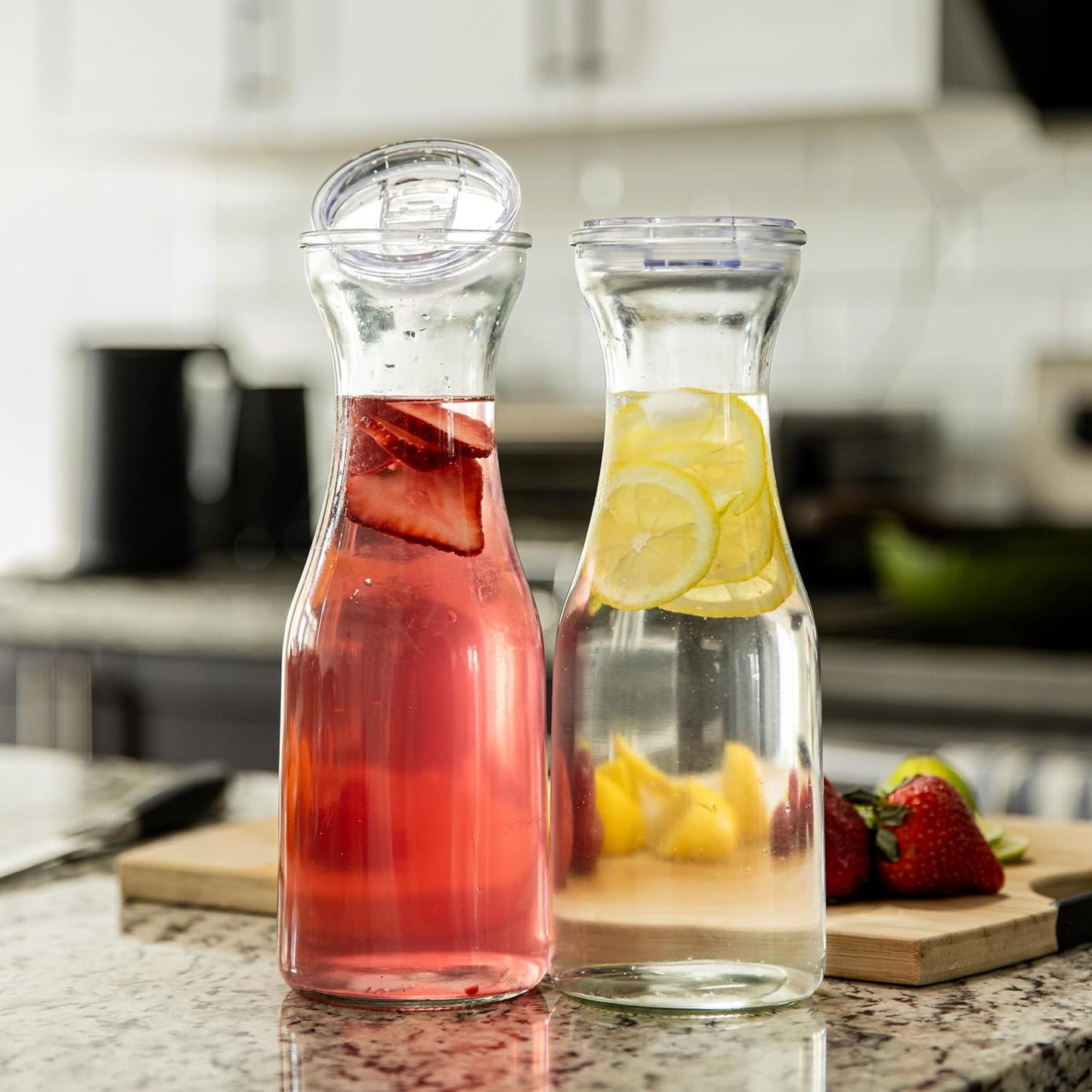 AYL Set of 4 Glass Carafe with Lids, 1 Liter Water Pitcher Beverage Serveware Carafe, Clear Glass Pitcher for Mimosa Bar, Cold Water, Brunch, Wine, Juice, Milk, Iced Tea, Lemonade,1 Hand Pour Lid