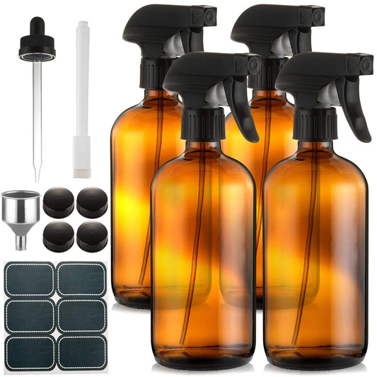 Amber Glass Spray Bottles - (4 Pack) 16 oz with Labels Refillable Container for Essential Oils, Cleaning Solutions, Cleaning Products, Hair, Plant Mister, Daily Shower, Gardening or Aromatherapy