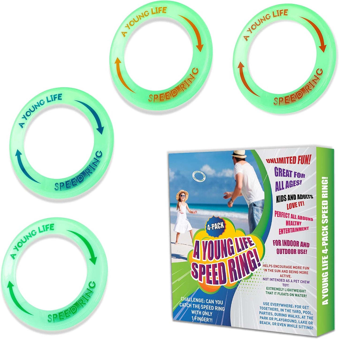 [4 Pack] Kid's Flying Rings Flying Disc - Glow in The Dark - Fly Straight - Weight 1.15 OZ Only - Floats On The Water - Best Healthy Activities for Your Family - Party Outside and Play! - Made in USA