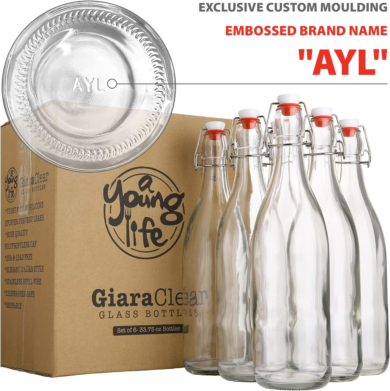 Flip Top Glass Bottle [1 Liter / 33 fl. oz.] [Pack of 6